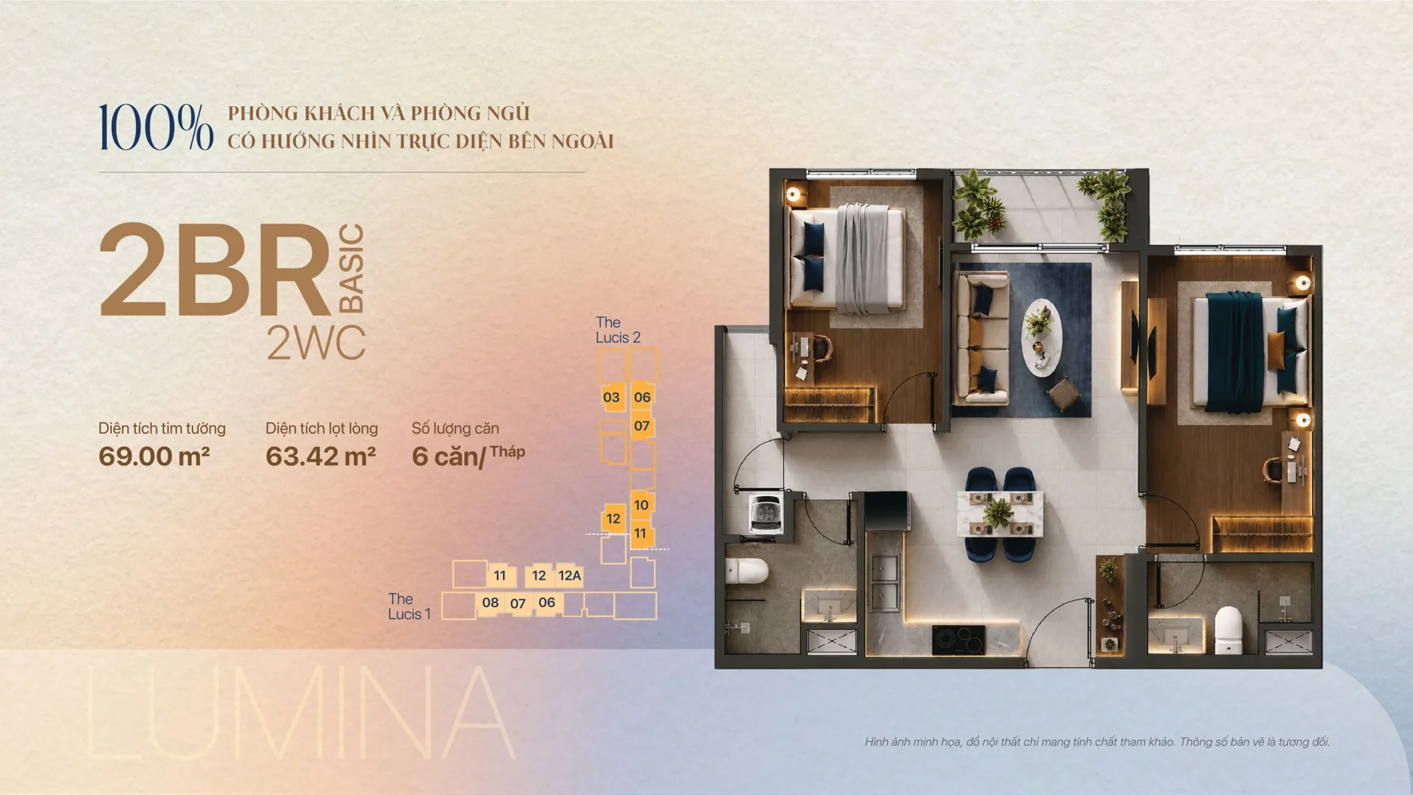 Mặt bằng căn hộ 2 phòng ngủ 69m² TT Genesis tháp Lucis