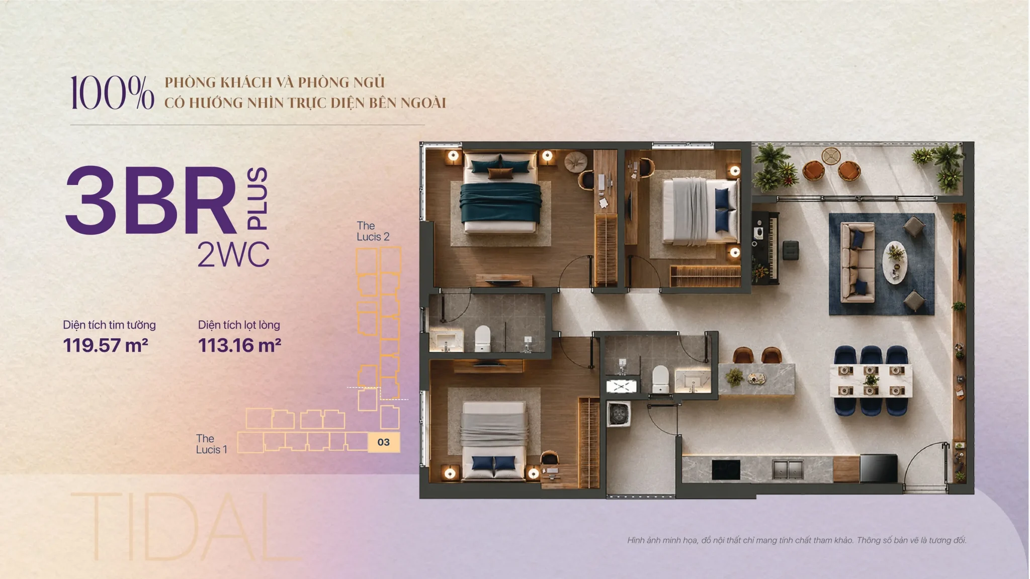Mặt bằng căn hộ 3 phòng ngủ Plus 119,57m² TT Genesis