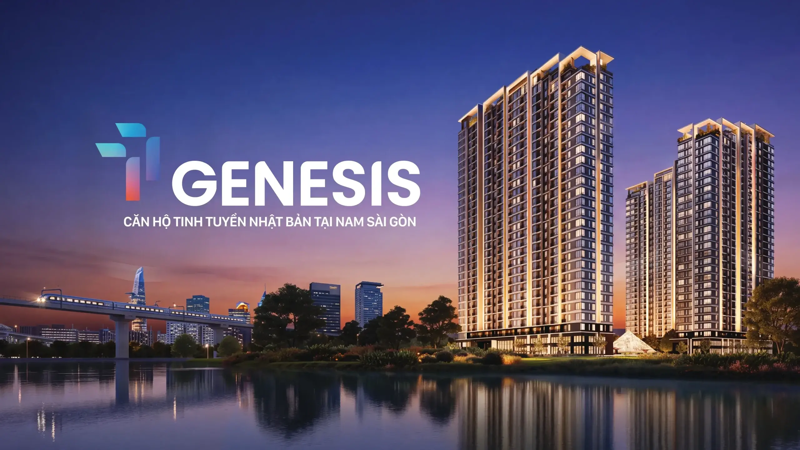 Phối cảnh tổng thể dự án TT Genesis Đào Sư Tích về đêm — 2 tháp đôi 30 tầng bên sông