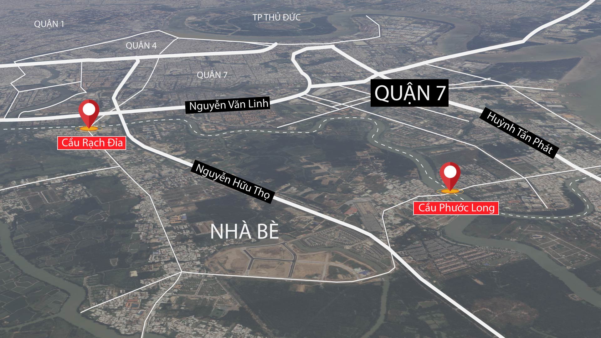 Bản đồ ranh giới Nhà Bè và Quận 7 với cầu Rạch Đỉa và cầu Phước Long