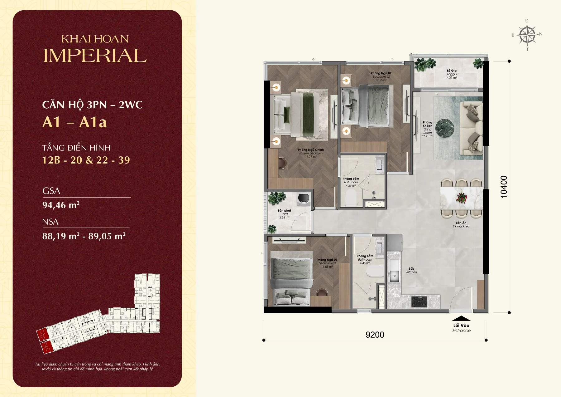 Layout căn hộ 3 phòng ngủ A1 Khải Hoàn Imperial, tim tường 94,46 m²
