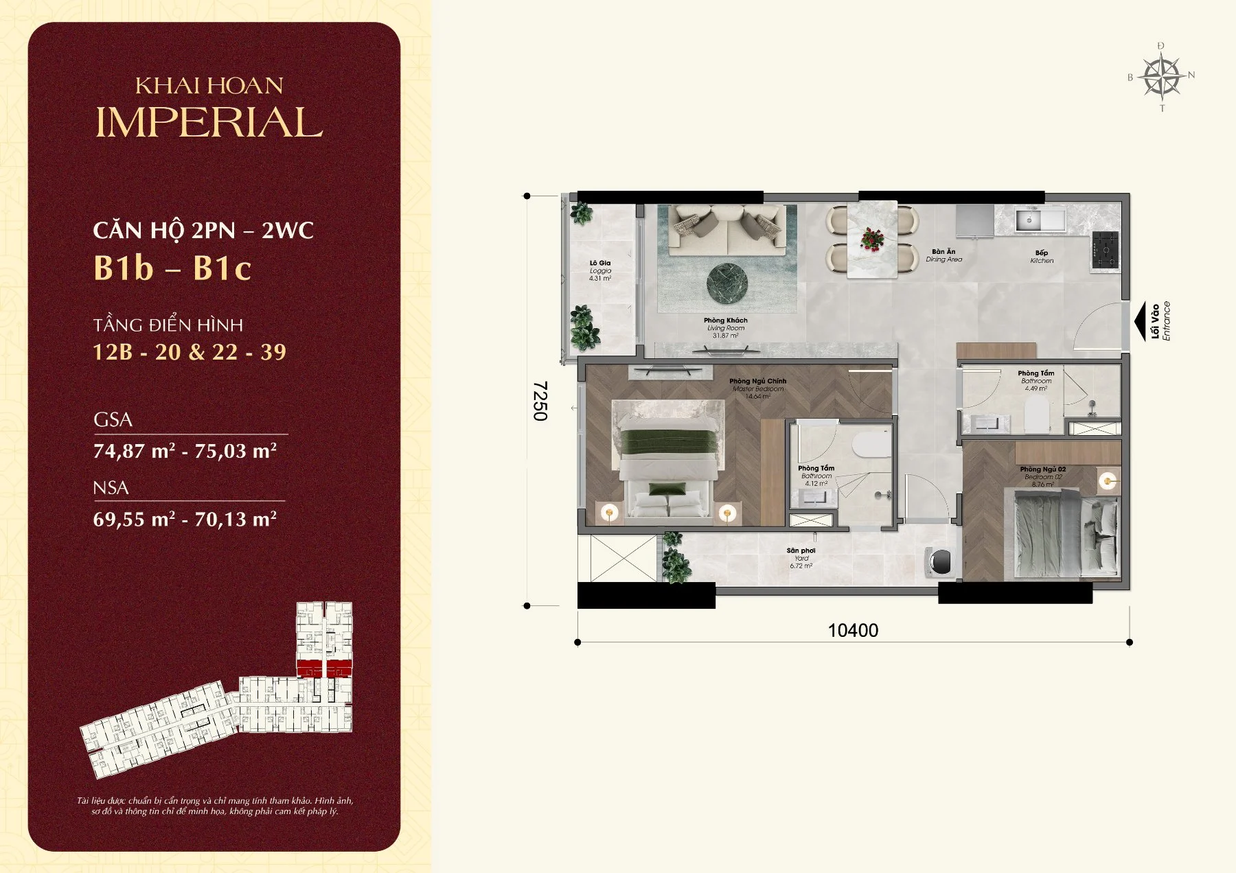Layout căn hộ 2 phòng ngủ 2 WC B1b B1c Khải Hoàn Imperial, tim tường 74,87 – 75,03 m²