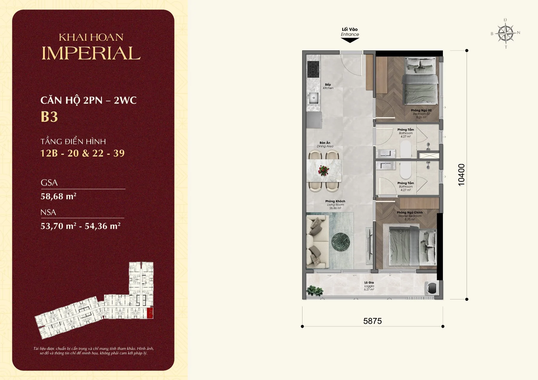 Layout căn hộ 2 phòng ngủ 2 WC B3 Khải Hoàn Imperial, tim tường 58,68 m²