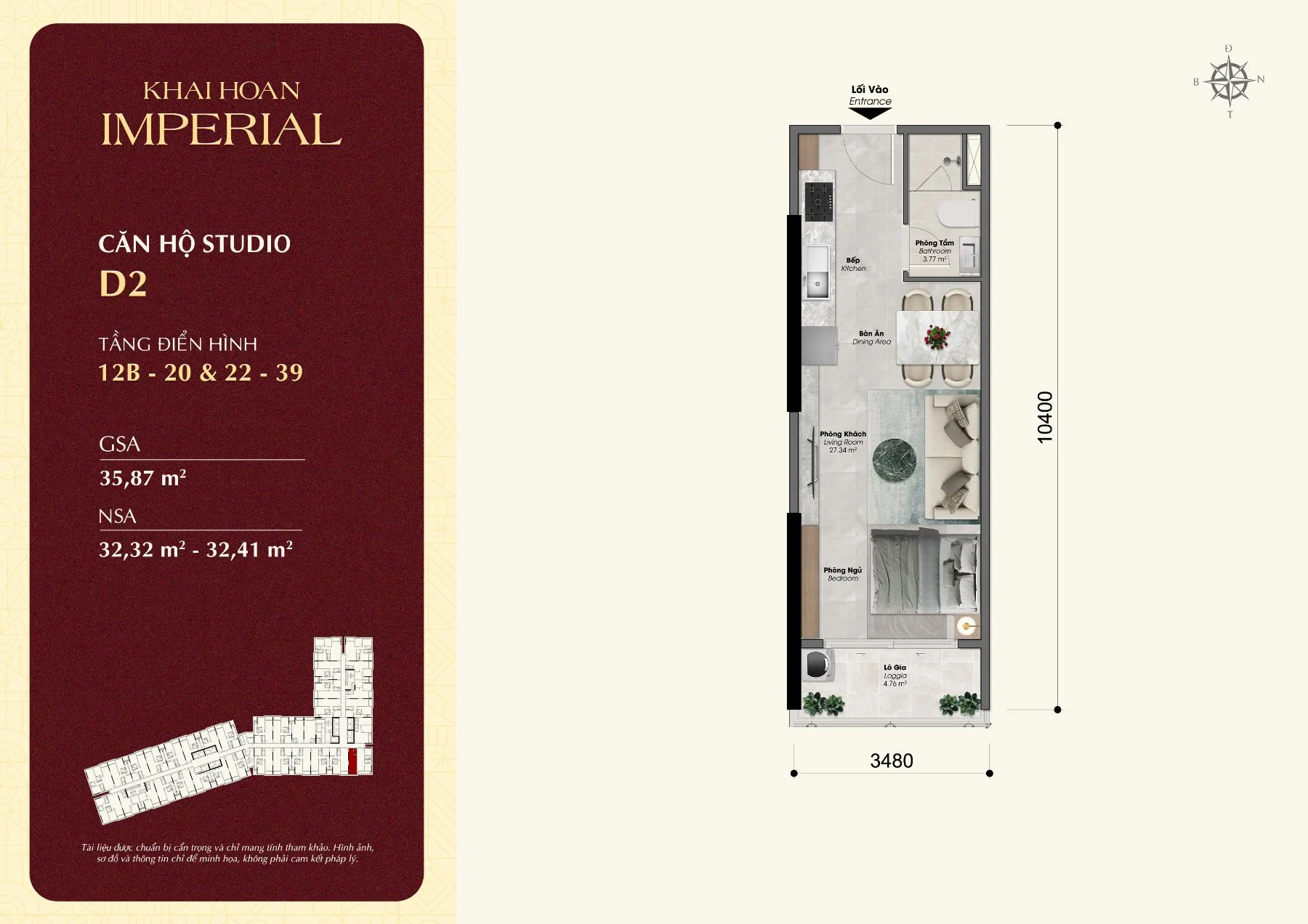 Layout căn hộ studio D2 Khải Hoàn Imperial, tim tường 35,87 m²