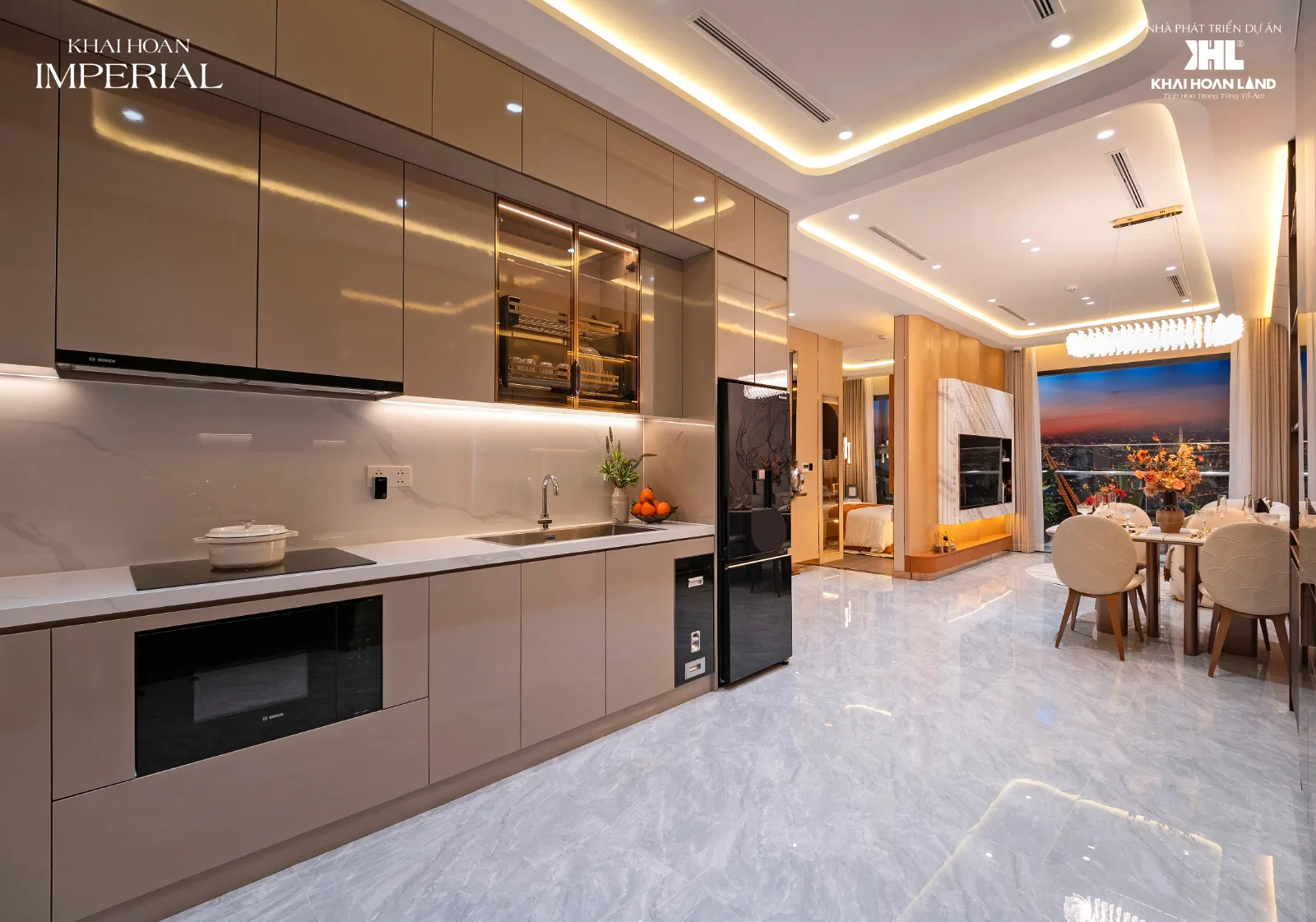 Bếp liền phòng khách nhà mẫu căn 1 phòng ngủ C2 Khải Hoàn Imperial