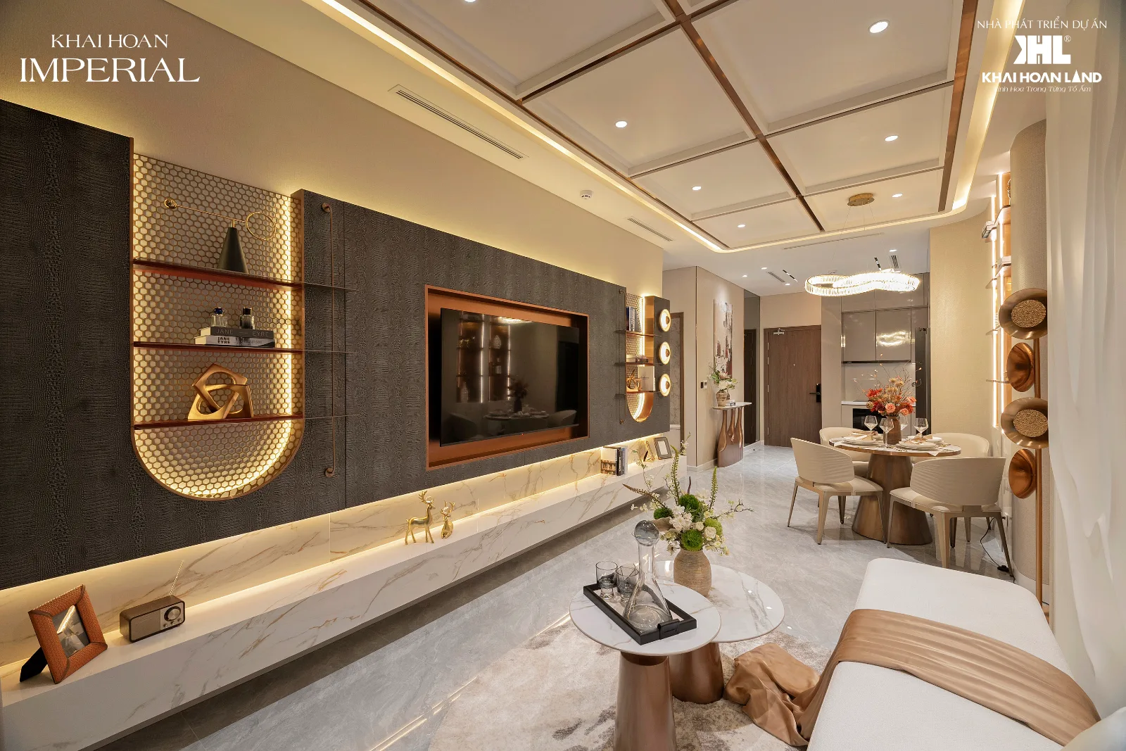 Phòng khách và kệ tivi nhà mẫu căn 2 phòng ngủ B1 Khải Hoàn Imperial